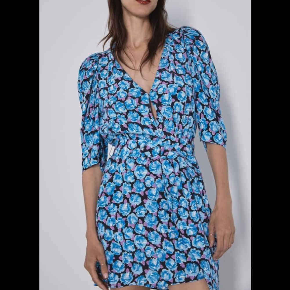 Zara puff shoulder print dress NWT